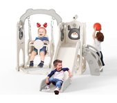niños pequeños, tobogán pequeño con Forma de Dinosaurio con Marco de Bola, aro, Equipo de Juegos con tobogán para niños, tobogán para bebés de 1 a 3 años (Dinosaurio-Beige Gris)