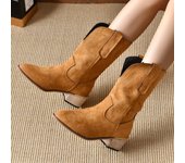 Botas medianas botas cortas puntiagudas vaquero occidental casual retro moda versátil botas de mujer