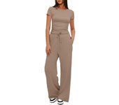 casual women's 2-piece set, frowning, short sleeved, high waisted, wide leg pants, sportswear