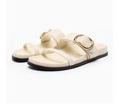 White Leather Flip Flops Woman Summer Wide Straps House Shoes Fashion Slingbacks Flat Sandals Beach Style Round Toe Slippers New