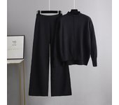 BGTEEVER Casual Women 2 Pieces Knitted Trousers Set Half High Collar Pullovers Sweaters & Wide Leg Pants Autumn Winter Outfits