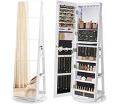 Espejo Joyero con 6 LEDs, Armario de Joyas de Giro de 360°, Organizador de Joyería Giratorio, sin Marco, Espejo Completo, 3 Estantes, Superficie Blanco, Forro Greige JJC007W02