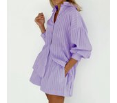 Top a rayas de manga larga para mujer, blusa suelta con bolsillos, pantalones cortos a rayas de manga burbuja Conjunto casual de diseño Commuter