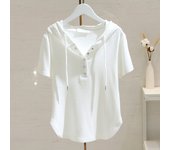 Pit bar - blanco con capucha manga corta camiseta mujer verano flojo look slim drawing cordón cordón coraza top