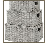 Cestas Almacenaje con Tapa, Paquete de 3 Cestas Organizadoras Rectangulares, Cestos Mimbre Decoración, Cajas de Mimbre Tejida Apilable para Armarios de Cocina Baño Estante, Gris