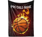 Personalized Custom Basketball on Fire Fleece and Sherpa Throw Blanket for Kids Youth Basket Ball Indoor Outdoor Blankets  ﻿