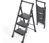 3 Peldaños Capacidad de 400 kg con Pedales Antideslizantes Anchos, Barandilla, Escalera de Tijera de Acero, Escalón Taburete para Hogar Cocina Oficina, Negro