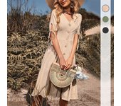 Vestido De Verano De Longitud Media Para Mujer, Vestido De Color Liso Con Cuello En V Y Manga Corta