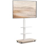 Soporte TV de Pie con Ruedas Blanco para Pantallas de 32 a 70 Pulgadas,Giro de 60°,MAX VESA 600 * 400mm,Ajuste de Altura,Gestión de Cables, Soporte TV Ruedas con 2 Estantes y Base Madera