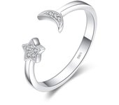 Ajustable Luna y Estrella Anillo Mujer Plata Oro 14k Oro Rosa, Anillo Abierto Sencillo Lindo Circonita, Anillo Niña Elegante Piedra Preciosa, Regalo Anillo Promesa Joyas de Mujer