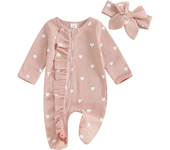 Baby Girls Valentines Day Foot Cover Jumpsuit Long Sleeve Crew Neck Heart Print Ruffle Zipper Footies with Headband 0-6M