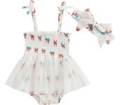 Pudcoco Baby Girls Romper Dress Mesh Lacing Strap Bow Pattern Smocked Ruffled Jumpsuit Headband Independence Day Outfits