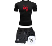 Men's Workout Compression Set Y2K Spider Printed Gym Tshirts Breathable Running Shorts Quick Dry Sports Rash Guard Sportwear Set