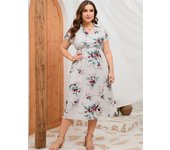 Large Size Dress New Summer V-neck Short-sleeved Side Slit Mid-length Shirt Dress