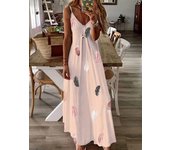 Vestido Largo De Corte Ancho Con Estampado De Plumas Y Cuello En V Sin Mangas Para Mujer Vestido Elegante Para El Escritorio Estilo Verano