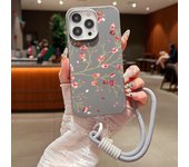 Leather Texture Soft TPU Lanyard Case For iPhone 16 15 Pro Max 14 Plus 13 12 Pro Max 11 Small Flowers Printed Rope Phone Cover