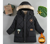 3-10Years Winter Keep Warm Boys Jacket Thick Solid Color Fur Collar Detachable Hat Hooded Coat For Kids Children Outerwear