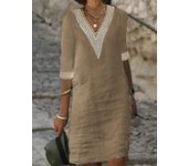 A brand new elegant cotton or mid sleeved dress, V-neck, women's autumn solid color