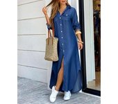 Spring And Autumn Women's Fashion Checker Print Shirt Casual Polo Neck Long Sleeve Loose Single Breasted Pocket Dress