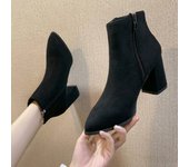Autumn and Winter Women's Short Boots Pointed Toe Chunky Heel Fine Side Zip Ankle Boots Comfortable Nude Boots