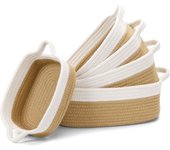 Cestas Almacenaje Tejidas con Cuerda de Algodón Juego de 5, Cestas Almacenaje Bebe, Cestos Organizadores, Cestas Organizadoras para Salones, Armarios, Juguetes y Baño (Blanco/Amarillo)