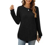 Top mujer tallas grandes,camiseta cuello redondo manga larga,holgada,cordón,top,dobladillo curvado,jersey otoño,ropa mujer