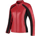 Rusty Stitches Donna Chaqueta de cuero para moto para mujer - Negro Rojo (42)