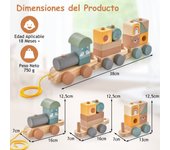 Costway Juego de Tren de Madera de Juguete con Bloques Apilables Cuerda Conexión de Gancho para Educación Temprana de Bebés