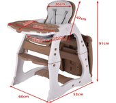Costway Trona 3 en 1 para Niños Set Silla y Mesa Convertible Silla de Comedor con Bandeja Regulable Respaldo Regulable Arnés 53 x 66 x 91 cm Marrón
