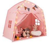 Costway Carpa para Niños Portátil Tienda para Cama Infantil con Banderines y Luces de Cadena Casa de Juegos Grande para Niños de 3-12 Años