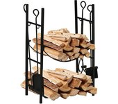 Outsunny Estante para Leña de 2 Niveles Leñero Exterior e Interior Metálico con 4 Herramientas para Chimenea 44,5x29,5x73 cm Negro   Aosom España