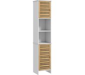 Homcom Mueble Auxiliar de Baño con Estantes Ajustables y Puertas de Bambú Anti-vuelco Armario para Baño 35x30x170 cm Blanco y Natural   Aosom España