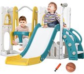 AIYAPLAY Tobogán Infantil 6 en 1 con Columpio y Tobogán Telescopio Aro de Baloncesto Espacio de Almacenamiento Multicolor