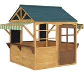AIYAPLAY Casita de Juegos Infantil de Madera con Ventanas Pizarras Tejado y Toldo 173x117x144 cm Madera Natural