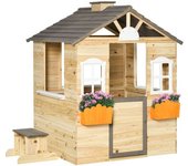 Outsunny Casita Infantil de Juegos Exterior para Niños de 3 -7 Años con Ventanas 2 Jardineras y 1 Banco 113x94x134,5 cm Natural   Aosom España