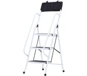 Homcom Escalera Plegable de 3 Peldaños con Apoyabrazos y Portaherramientas Segura y Estable 51x66x131 cm Blanco y Negro   Aosom España