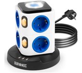 Duronic ET8L Regleta de Enchufe Múltiple 3 Puertos USB y Luz Nocturna 3680W 16A Cable de 1.8m