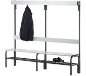Sypro Banco para vestuarios con listones de aluminio, H x P 1650 x 375 mm, por un lado, longitud 2000 mm, 6 ganchos, antracita, rejilla para zapatos