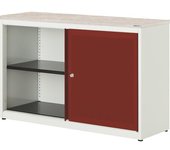 mauser Armario de puertas correderas, con efecto acústico, tablero de plástico, H x A x P 830 x 1200 x 432 mm, 1 balda, blanco puro / rojo rubí /