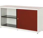 mauser Armario de puertas correderas, con efecto acústico, tablero de plástico, H x A x P 830 x 1600 x 432 mm, 2 x 1 balda, blanco puro / rojo rubí /