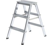 MUNK Escalera tipo tijera de peldaños planos de aluminio, de ascenso por ambos lados, con larguero ergonómico, 2 x 3 peldaños, altura de trabajo 2250