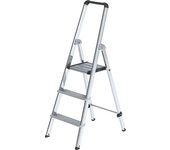 MUNK Escalera tipo tijera de peldaños planos de aluminio, de ascenso por un lado, con larguero ergonómico y bandeja, 3 peldaños