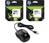 HP Pack 302XL Cartuchos Tinta Alta Capacidad Originales Negro/Tricolor + HP 1000 Ratón USB Negro