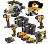 Kit Combo DEWALT 18V DCK690P3T (DCD796 + DCF887 + DCS565 + DCH273 + DCS334 + DCL040), 3x5.0Ah, 2xT, Taladro, Llave de Impacto, Amoladora y Más para Proyectos Profesionales