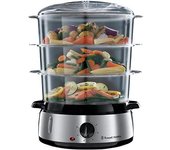 Russell Hobbs Vaporera Cook@Home - 3 Recipientes para Cocinar al Vapor, Capacidad 9 litros, Cuenco para Arroz, Temporizador, 2 Entradas Laterales de Agua, Sin BPA, Acero Inoxidable, 800 W - 19270-56