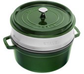 STAUB Cacerola/Cocotte con Vaporera de Hierro Fundido, Diámetro de 26 cm, 5,2 L, Esmaltado Interior Negro, Verde Albahaca