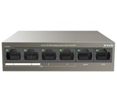 Tenda TEF1106P-4-63W PoE Switch Ethernet, 6 Puerto 10/100Mbps, 4 Puerto PoE(63W), QoS,Enlace Ascendente, NVR, 6KV Protección contra Rayos, Rango 250m,Fácil de Usar, Plug and Play, Carcasa Metálica