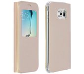 Avizar Funda Protectora Tipo Libro Dorada con Ventana delantera para Samsung Galaxy S6 Edge