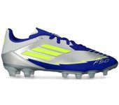 Adidas - Bota de fútbol F50 League MG Niño Messi, Unisex, Silver Met-Solar Yellow-Lucid Blue, 4 UK