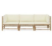 vidaXL Set De Muebles De Jardín 3 Piezas Bambú Y Cojines Blanco Crema